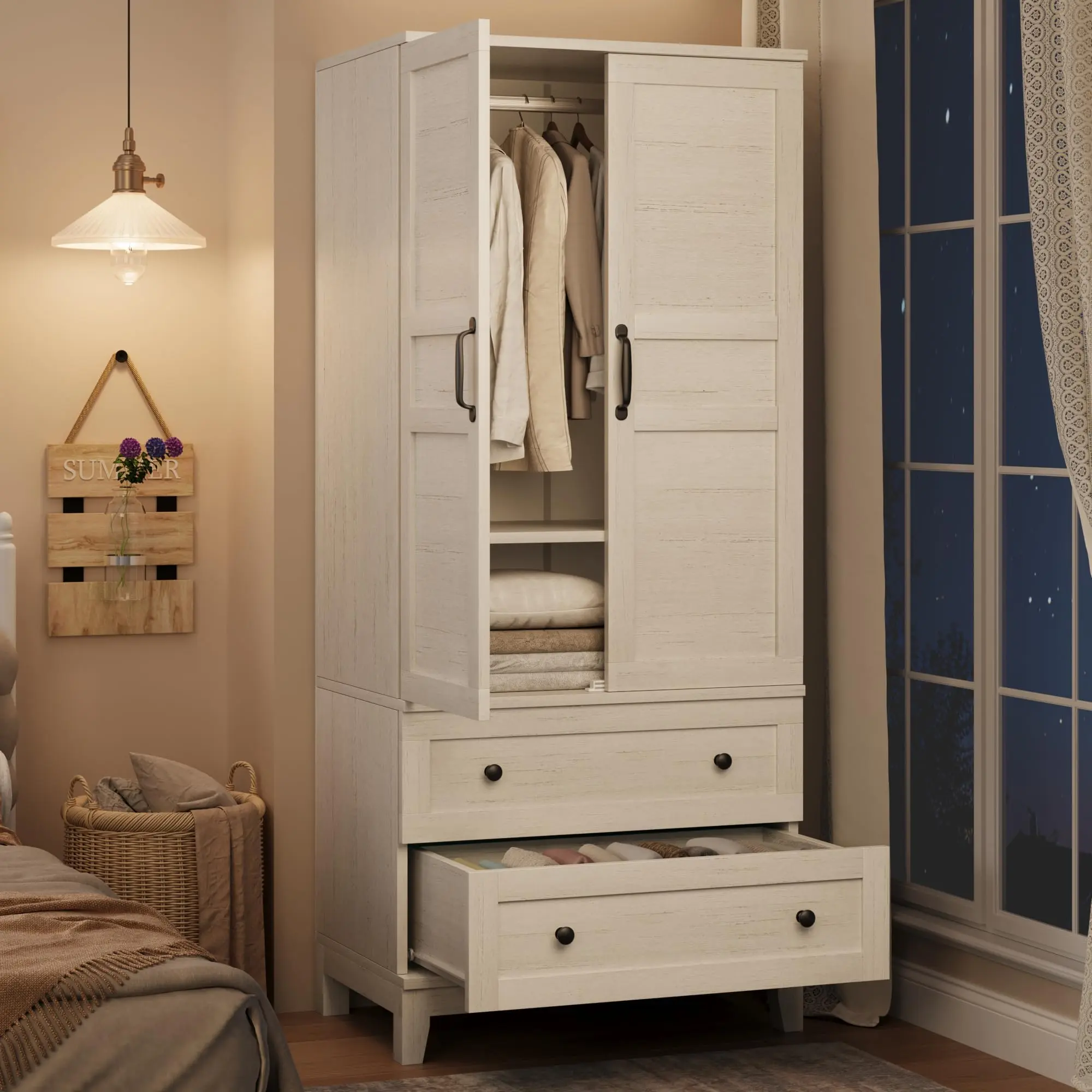 Spacious Wooden Wardrobe Closet with 2 Drawers and 18 Adjustable Shelves – Tall Bedroom Storage Cabinet with Hanging Rod and Modern Doors – Sturdy Clothes Organizer, Rustic White Finish