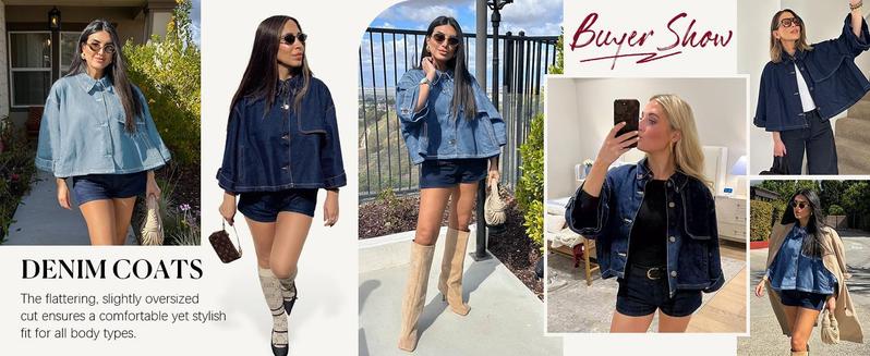 Imily Bela Womens Cropped Denim Jackets Casual Button Down Jean Shirt Shacket Loose 3/4 Sleeve Coat with Pockets