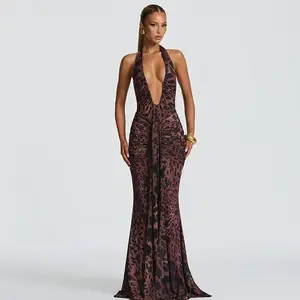 Women's Leopard Print Halter Plunging V-Neck Mermaid Maxi Dress with Ruched Waist 2025 Fall New Slim Fit Sexy Elegant Party Club Dating Long Dress Open-Back Tie Detail Vacation Outfit Dress