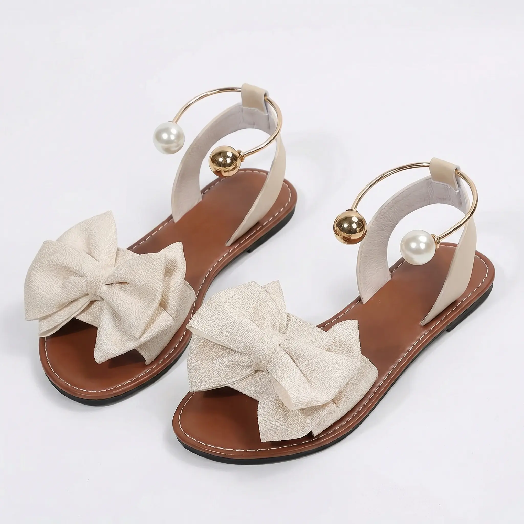 2026 Trendy Bow Decor Pearl Sandal Slippers Comfy Flat Slides for Casual Daily Wear Vacation Beach Walking Outdoor