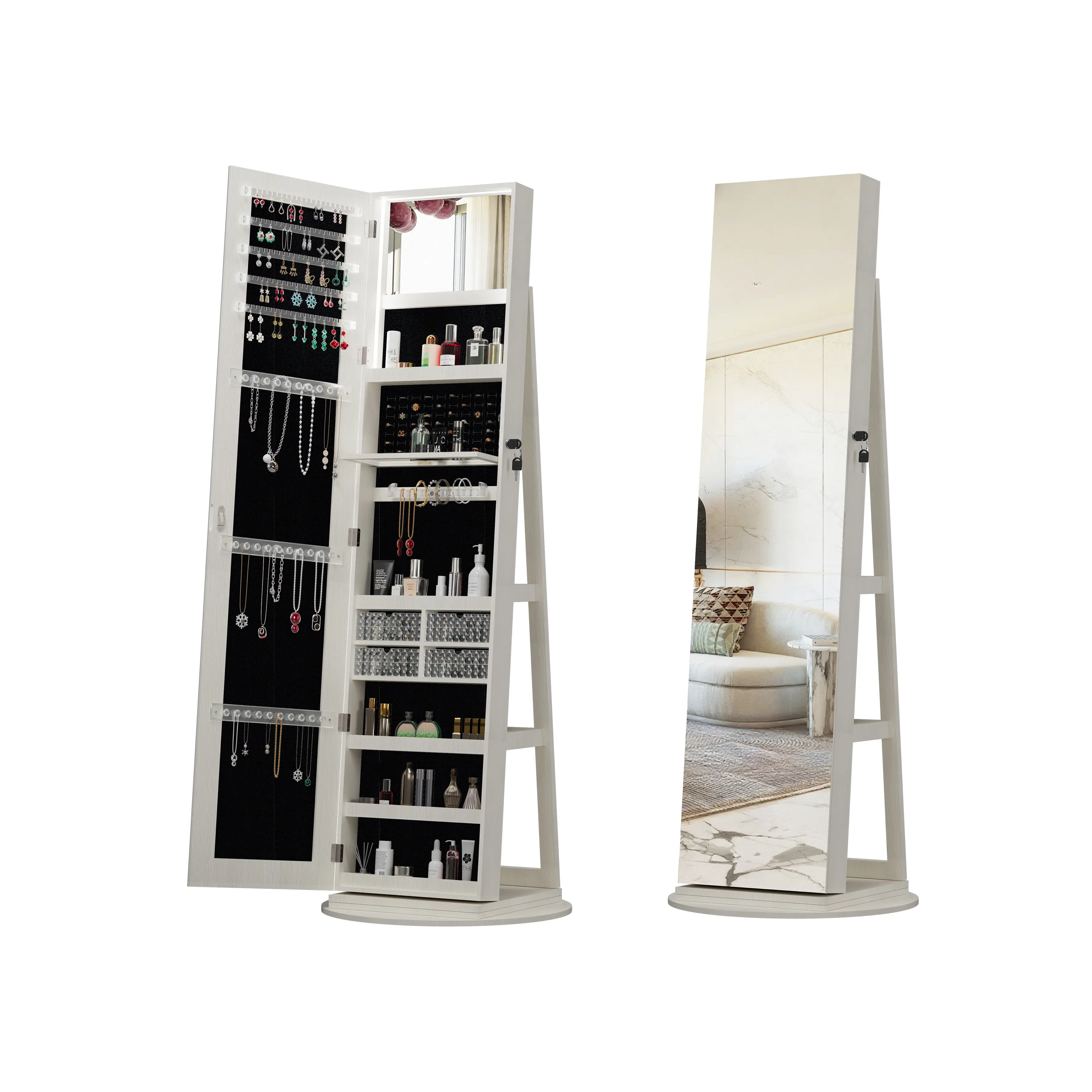 Modern LED Light Mirror Vanity Jewelry Cabinet Armoire with Lock, 360-Degree Swivel Freestanding Closet with Standing Frame, Glowing Display Floor Mirror Storage Organizer