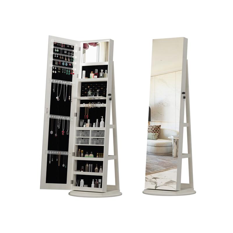 LED Mirror Jewelry Cabinet, 360° Swivel Rotating Armoire Organizer with Lock & Full-Length Mirror, Standing Storage