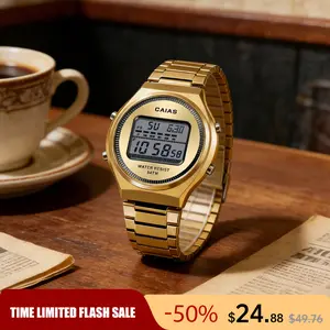 Retro Gold Digital Watch Unisex Vintage 90s LED Display Alarm Stopwatch Calendar Backlight 3ATM Waterproof Metal Band Classic Casual Business Sport Watch for Men Women Easy to Read Everyday Wristwatch Gift