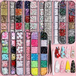 Nail Charms Kit with 8 Boxes Nail Gems, 3D Charms for Nails, Clear Colorful Flatback Rhinestones, Y2K Nail Charms, Multi Shape Pearl Jewels for Nail Crafts