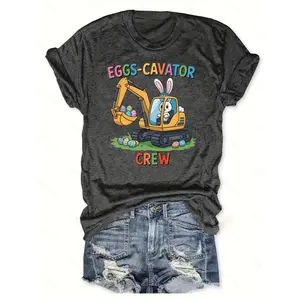 Gray Easter Eggs-cavator Crew T-Shirt, Bunny in Excavator Graphic, Easter Eggs Design, Round Neck, Short Sleeves, Casual Fit, Easter Party, Gift for Him or Her