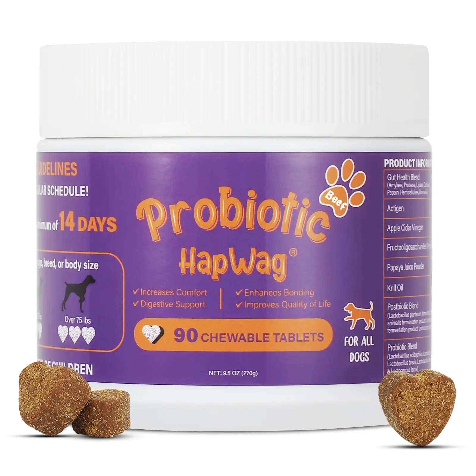 HAPWAG Beef Flavor Chewable Dog Probiotic Blend - 90 Chewable Tablets Canine Nutritional Supplement with Probiotics, Gut Health Support, Digestion Aid, Immunity Boost, Premium Ingredients