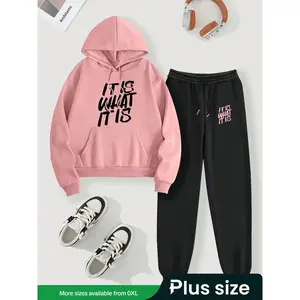 【Plus Size】 Women's Letter Print Drop Shoulder Hoodie & Drawstring Waist Sweatpants Set, Casual Fashion Cozy Breathable Two-piece Outfits for Daily Workout Running, Women's Clothes for Fall & Winter