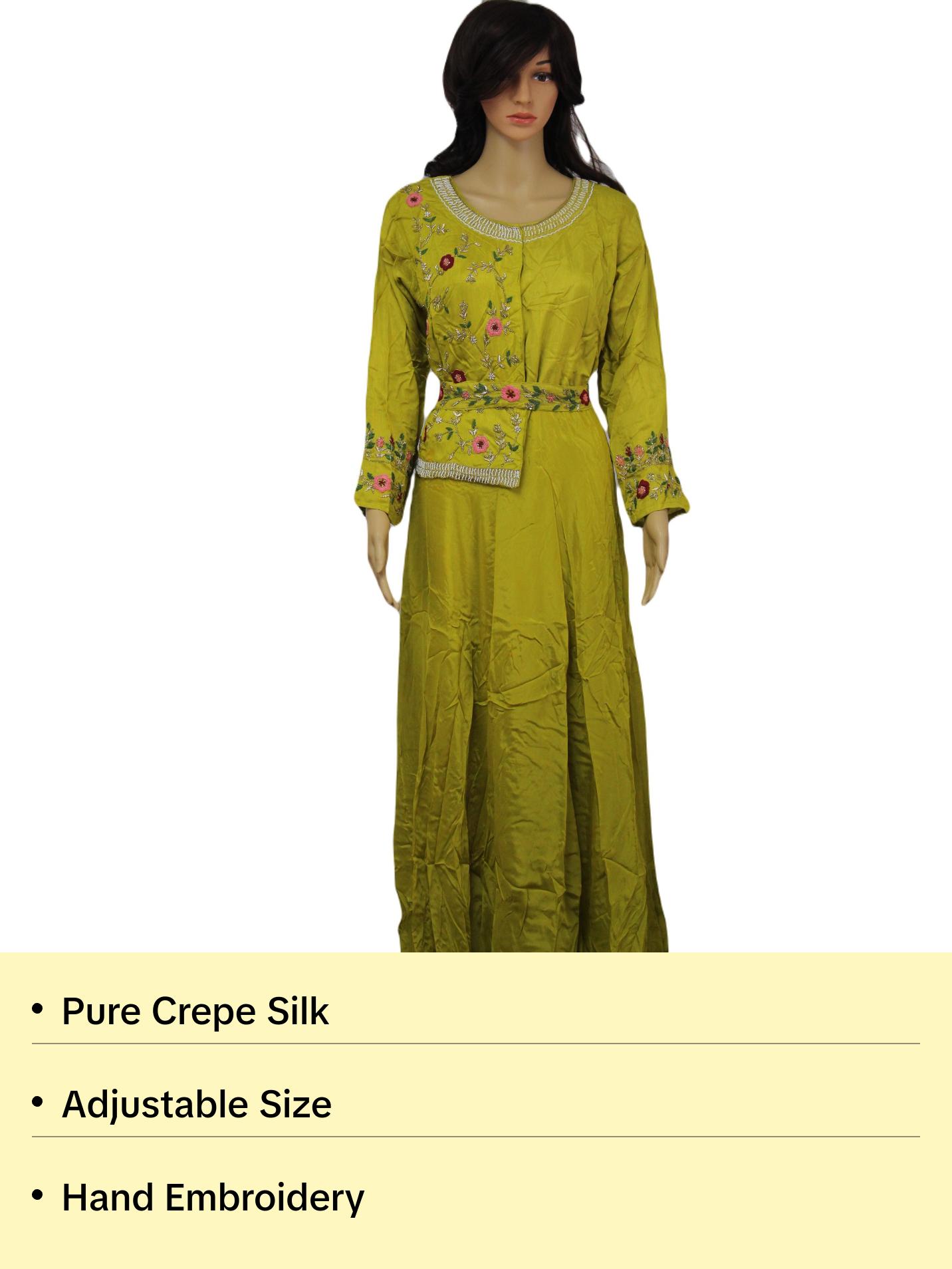 Hand Embroidered Chartreuse Maxi with Belt
