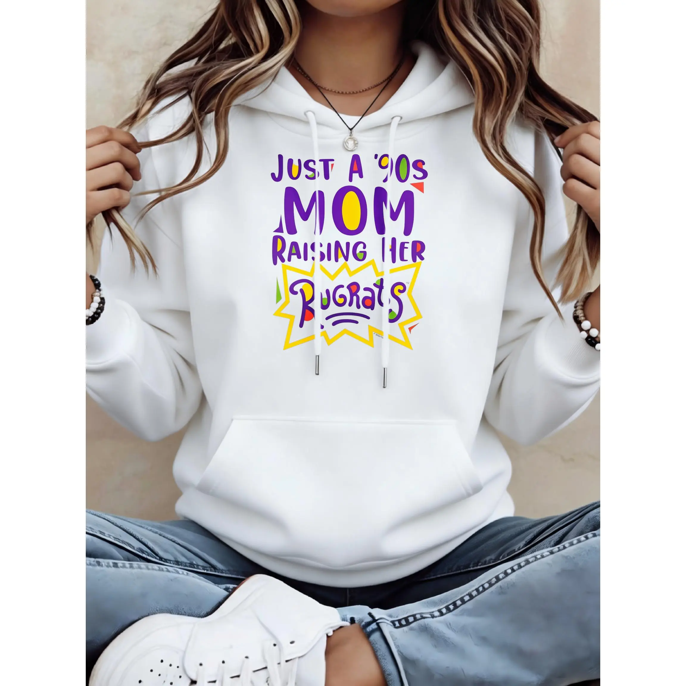 Women's Just A 90s Mom Raising Rugrats Unisex Oversized Hoodie | Soft Breathable Cotton Blend Pullover | Trendy Cozy Loungewear & Streetwear For Daily, Gym, Travel & Fall Vibes