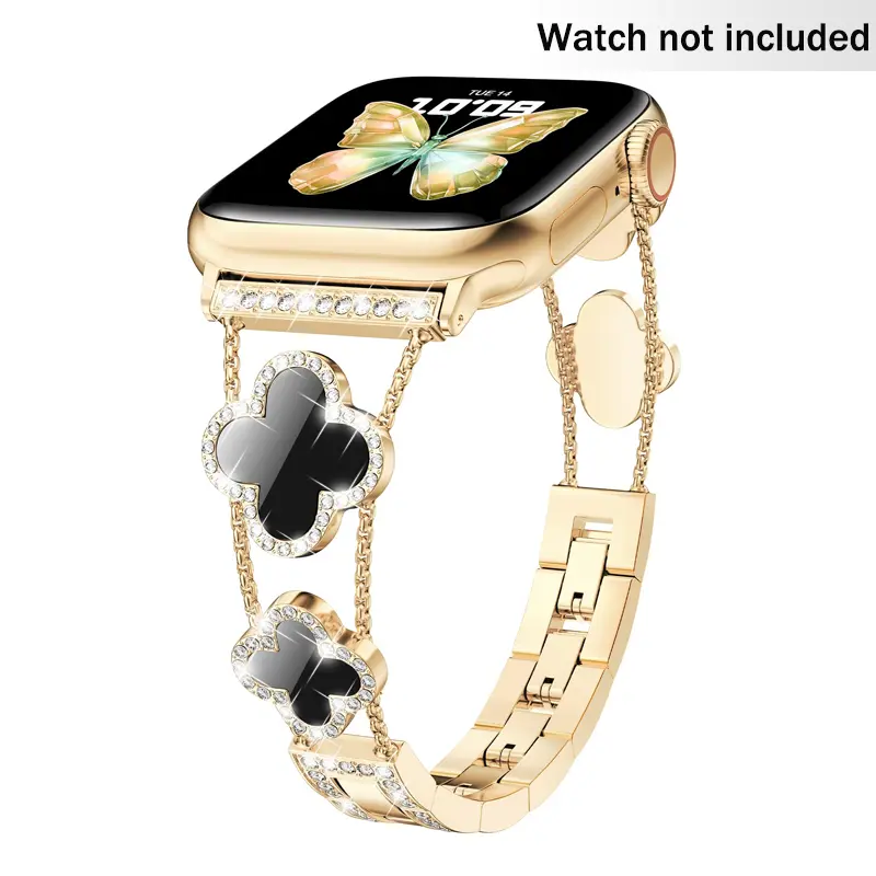 Black Shell Clover Slim Metal Bracelet for iWatch (Band Only)  - Business & Dressy Strap Compatible Series 1-11/SE/SE2/Ultra/Ultra2 (38-49mm) Women & Men (Watch Not Included)#Summervibes