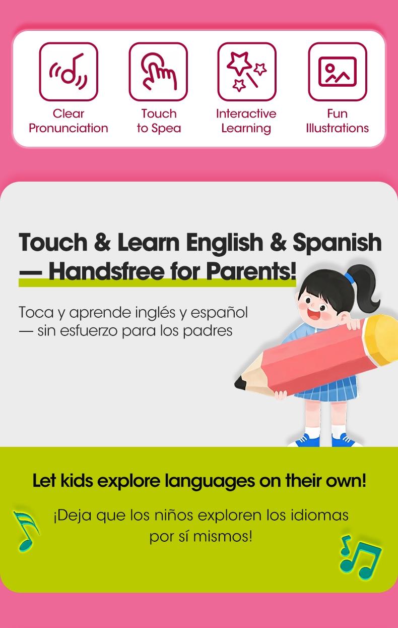 Spanish Interactive Educational Toy for Kids 1–6, Bilingual Sound Book for Early Language Learning, Interactive Educational Toy with 300+ Words & 13 Themes, Perfect Gift Idea for Toddlers