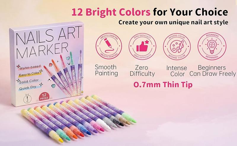 Quick-Dry & Gentle Nail Art Pens - 12 Color Set with 0.7mm Fine Tip, No Shake Formula for Smooth Lines & 3D Art, Smudge-Proof & Easy to Use for Beginners