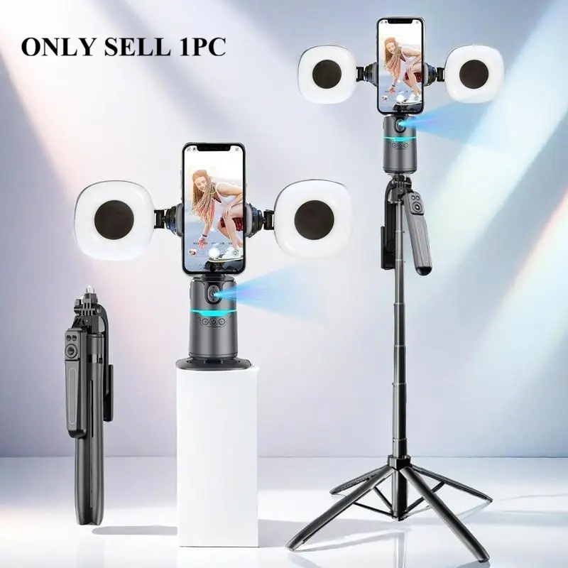 360-Degree Rotatable Face Tracking Smart Selfie Stick Gimbal, Portable Foldable Cellphone Stabilizer with 2 Fill Light & Tripod, Selfie Accessories for Live Streaming and Video Recording, Smartphone Selfie Stick, Cellphone Selfie Accessory