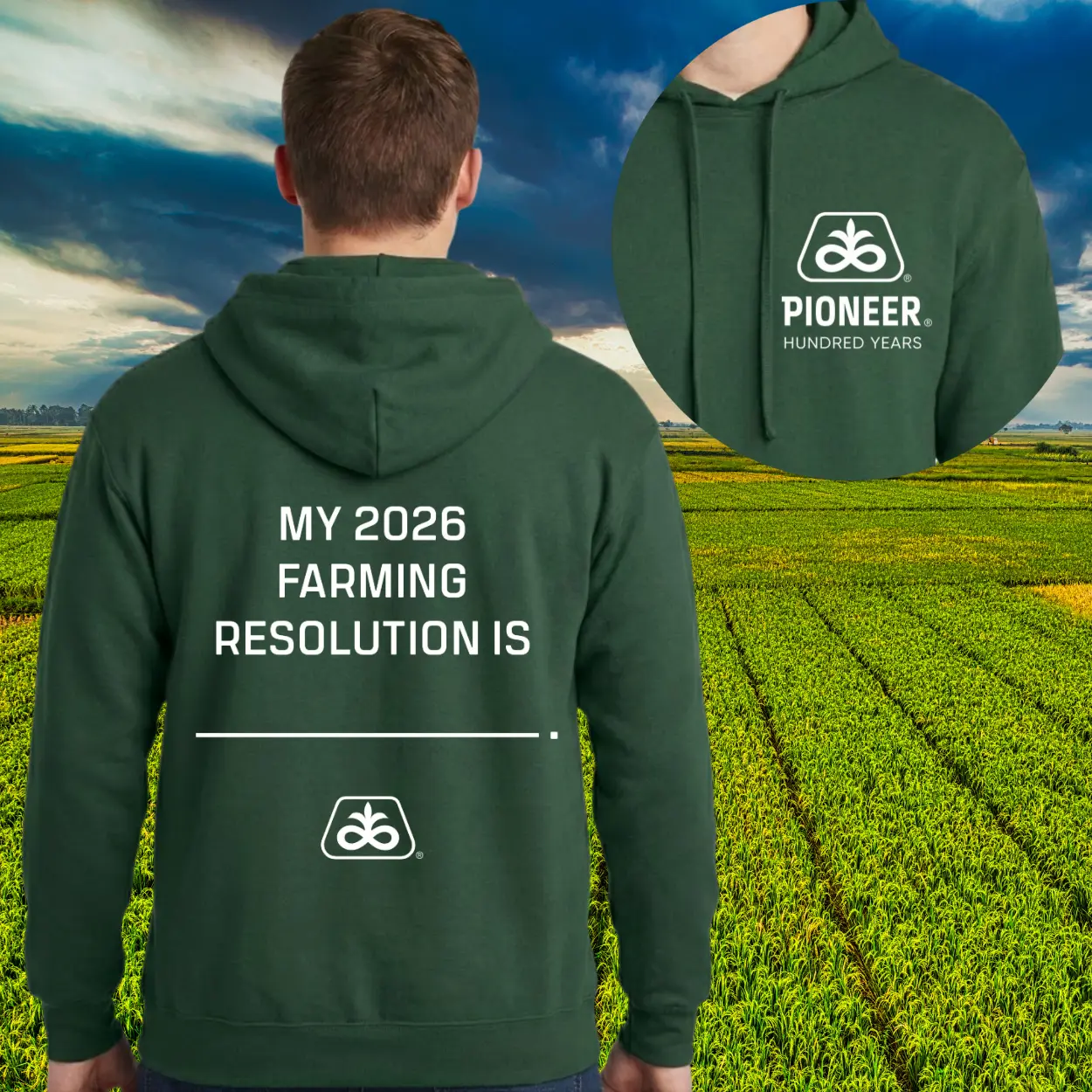 Pioneer My 2026 Farming Resolution Is Hoodie, 2 Sides, Pioneer Hundred Years Logo, Agriculture Seed Brand Merchandise