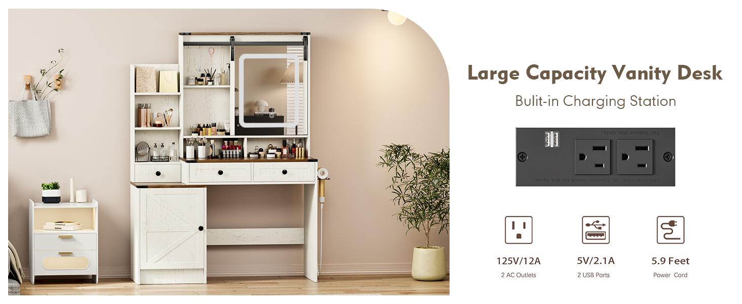 Makeup Vanity with HD Mirror, Dressing Table with Adjustable LED Lighting, Vanity Desk Ample Storage & Built-In Power Outlets – Perfect for Beauty Essentials and Home Use