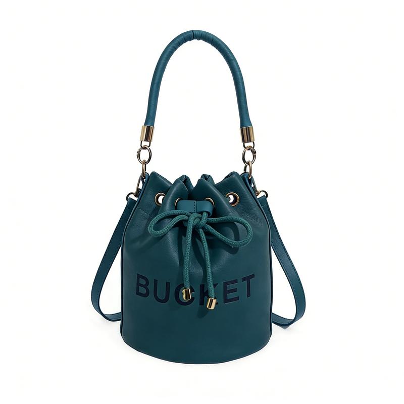 women's large-capacity handbag solid color letter printcrossbody bag drawstring pleated bucket bag