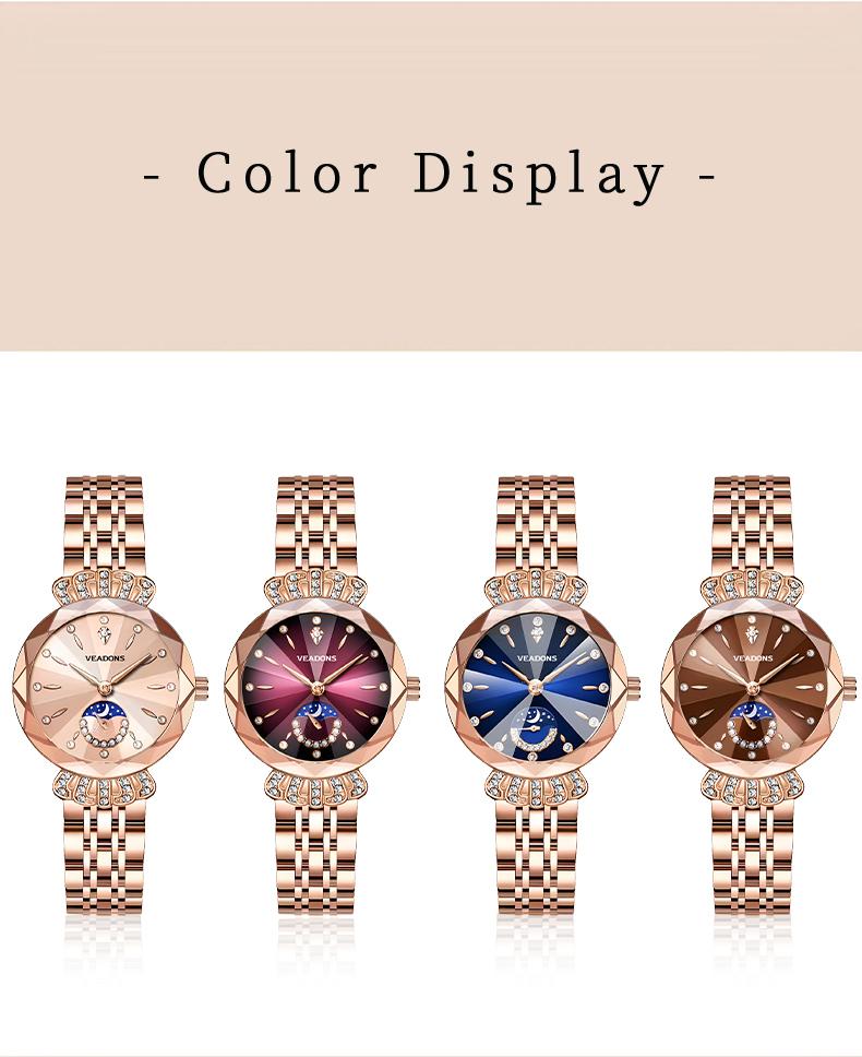 VEADONS Luxury Women's Jewelry Watch Diamond Cut Crystal Stainless Steel Case Water Resistant Moon Star Sun Design Elegant Wristwatch Perfect Gift for Her