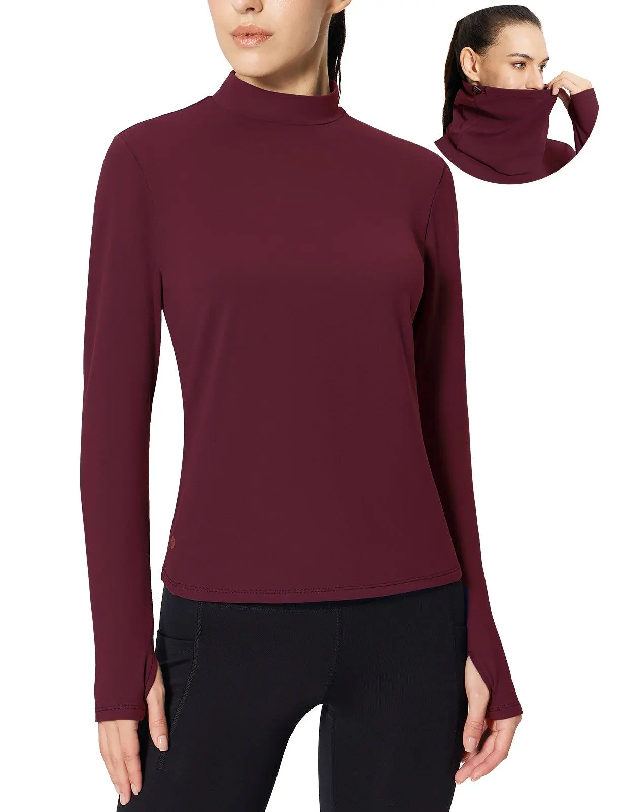 baleaf Women's Fitted Fleece Mock Neck Thermal Top, Windproof Long Sleeve Base Layer with Detachable Neck Gaiter & Thumbholes