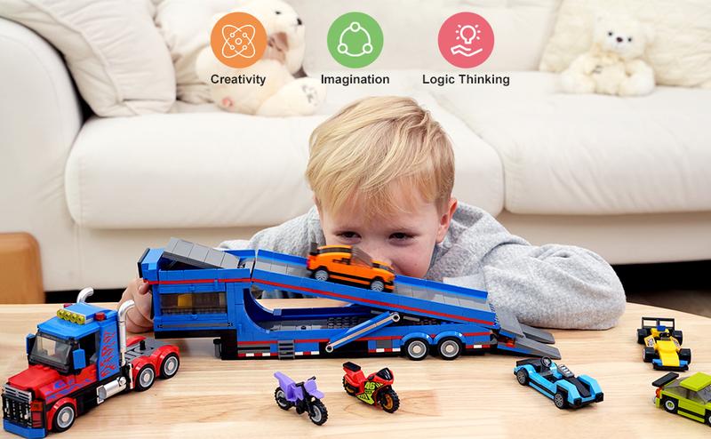 Epic City Transporter Truck Set – 7 Sports Cars, Adjustable Ramp, Tow Semi Truck with Carrier & Trailer, Exciting Pretend Play Toy for Kids 8+,1050pcs Rc Construction Vehicles