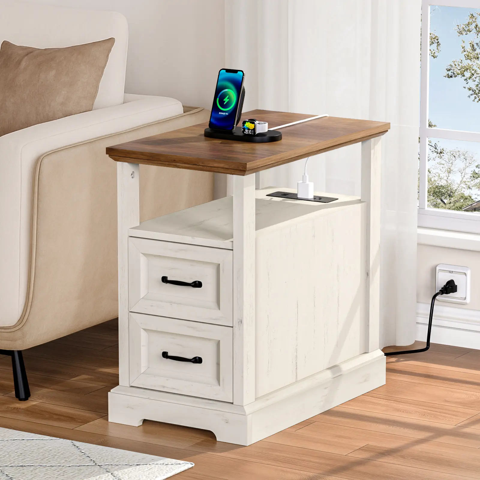 HOMMPA Farmhouse End Table with Charging Station, 23.6'' Rustic End Table w/Storage Drawers & Open Shelf, Wood Sofa Side Table Bedside Table for Living Room Bedroom, Roman Column Design, Rustic White