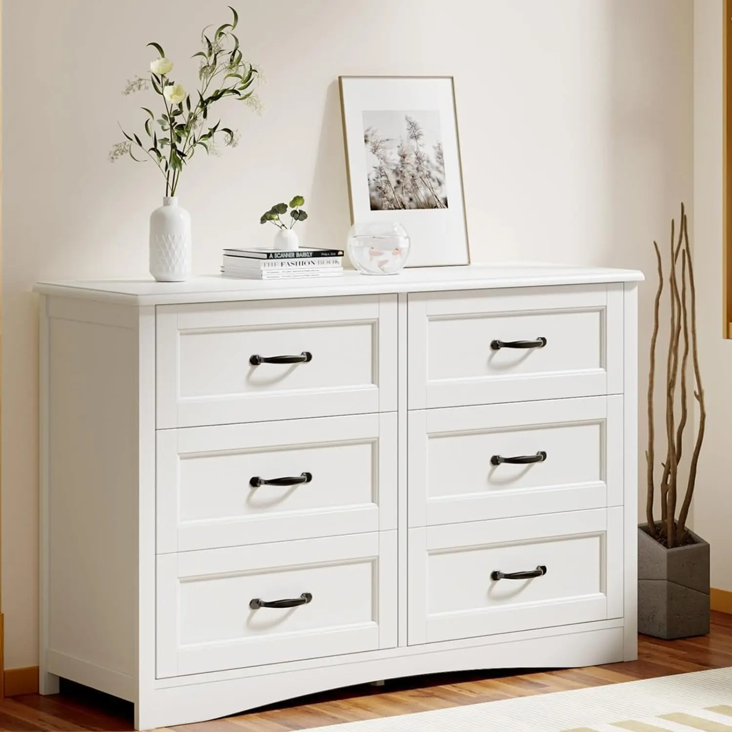 Gizoon 47" 6 Drawer Dresser, White Wide Chest of Drawers for Bedroom | 6 drawer wood dresser with metal handles. Storage cabinet organizer for bedroom, kids nursery room and home office