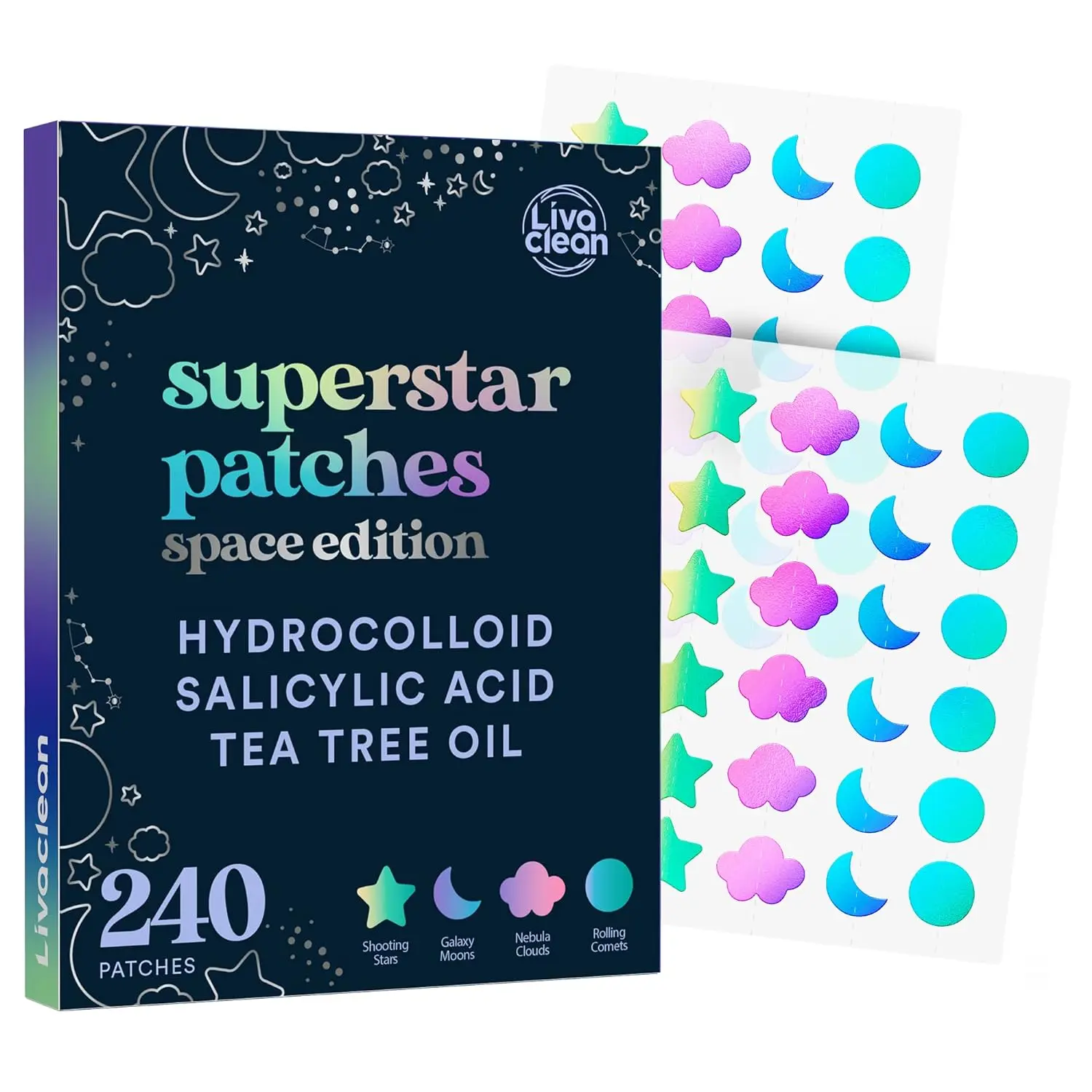 LivaClean Pimple Patch, 240 Count Holographic Acne Spot Treatment, Space Edition with Hydrocolloid, Salicylic Acid & Tea Tree Oil for Blemish Relief on All Skin Types, Blemish Patches, Acne Clearing Products, Hydrocolloid Patch