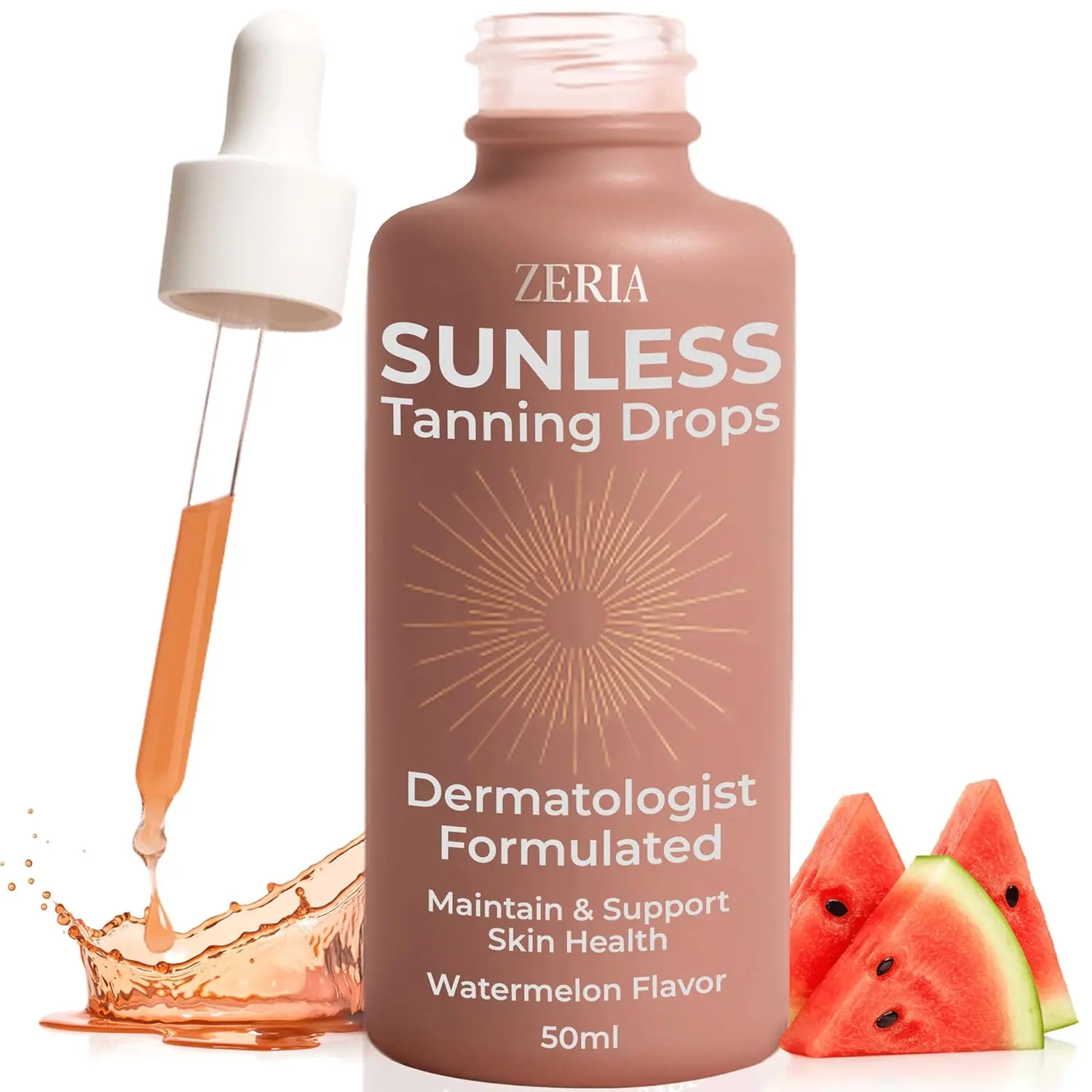 Tanning Drops to Drink – Sunless Tanning Drops for Face & Body – Vegan, Edible Self Tanner with Beta-Carotene – Natural Glow & Melanin Booster – Watermelon Flavor – 50mL