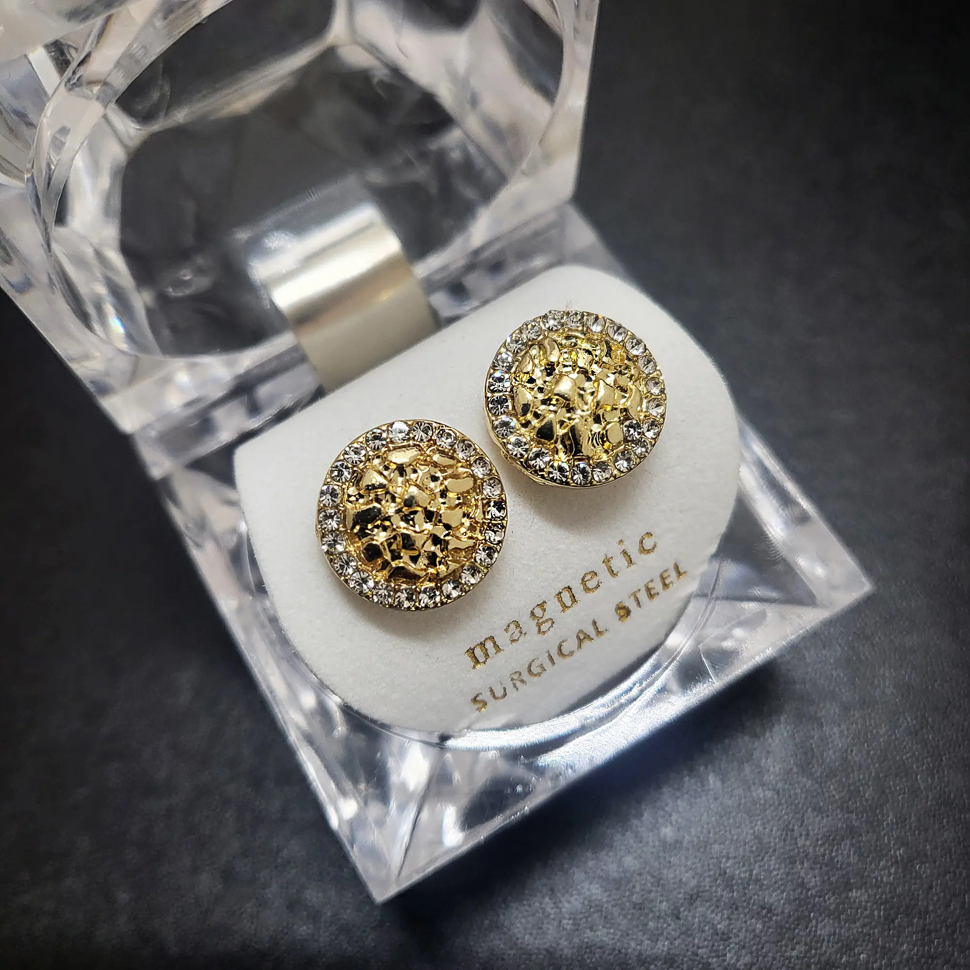MaxBling81 Iced Gold-Plated Zircon Magnetic Square Stud Earrings - Hip-Hop Unisex Cookie Gold Nugget Earrings for Women, Daily Wear, Magnetic Earrings, Earring For Women