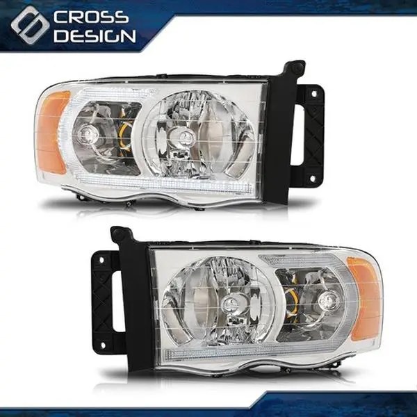 CROSSDESIGN Factory Direct 1 Pair LED Headlight Assembly Kit, Chrome Housing with Amber Corners, Compatible with 02-05 Dodge Ram 1500, 2500, 3500 Pair Set, Led Front Lights, Car Exterior Upgrade