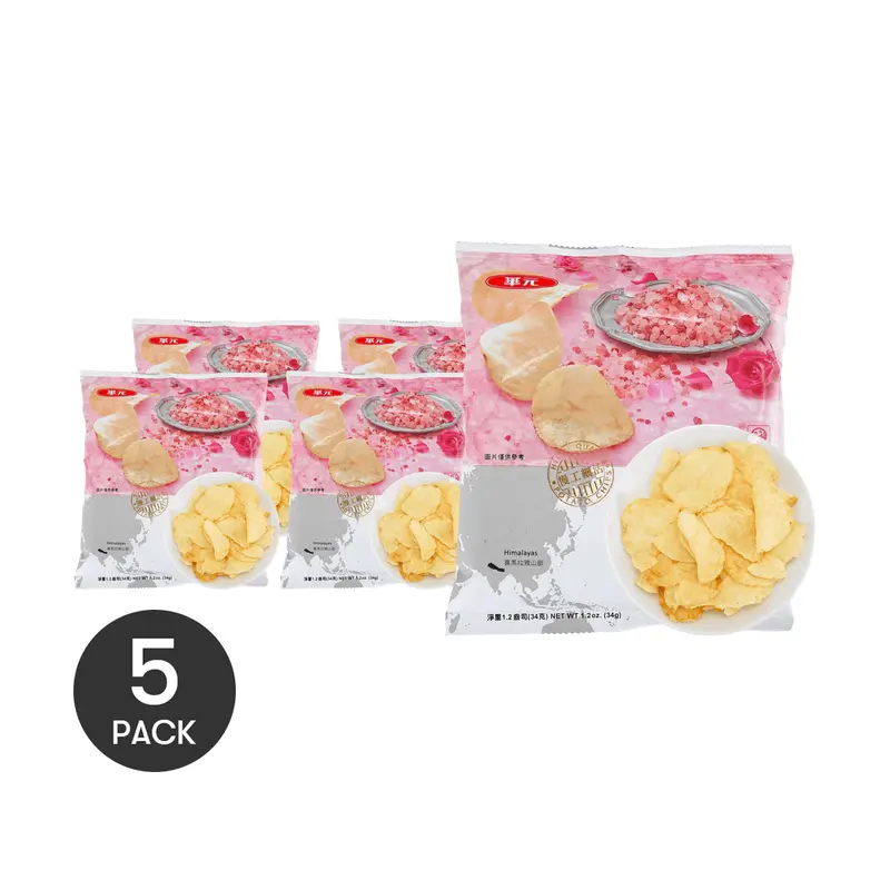 HUAYUAN Taiwan Potato Chips - 5 Packs, Himalayan Pink Salt Flavor, 34g Each - Crispy Snack for Parties & Everyday