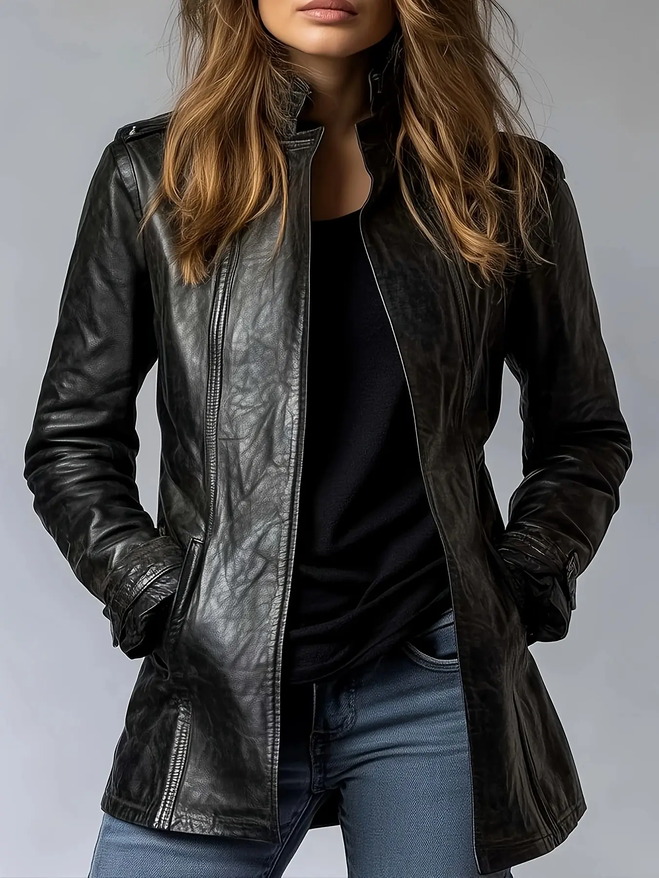 Women's PU Leather Jacket, Medium Length Chic Retro Motorcycle Tops with Long Sleeves, Loose Fit, Stand Collar, and Front Zipper