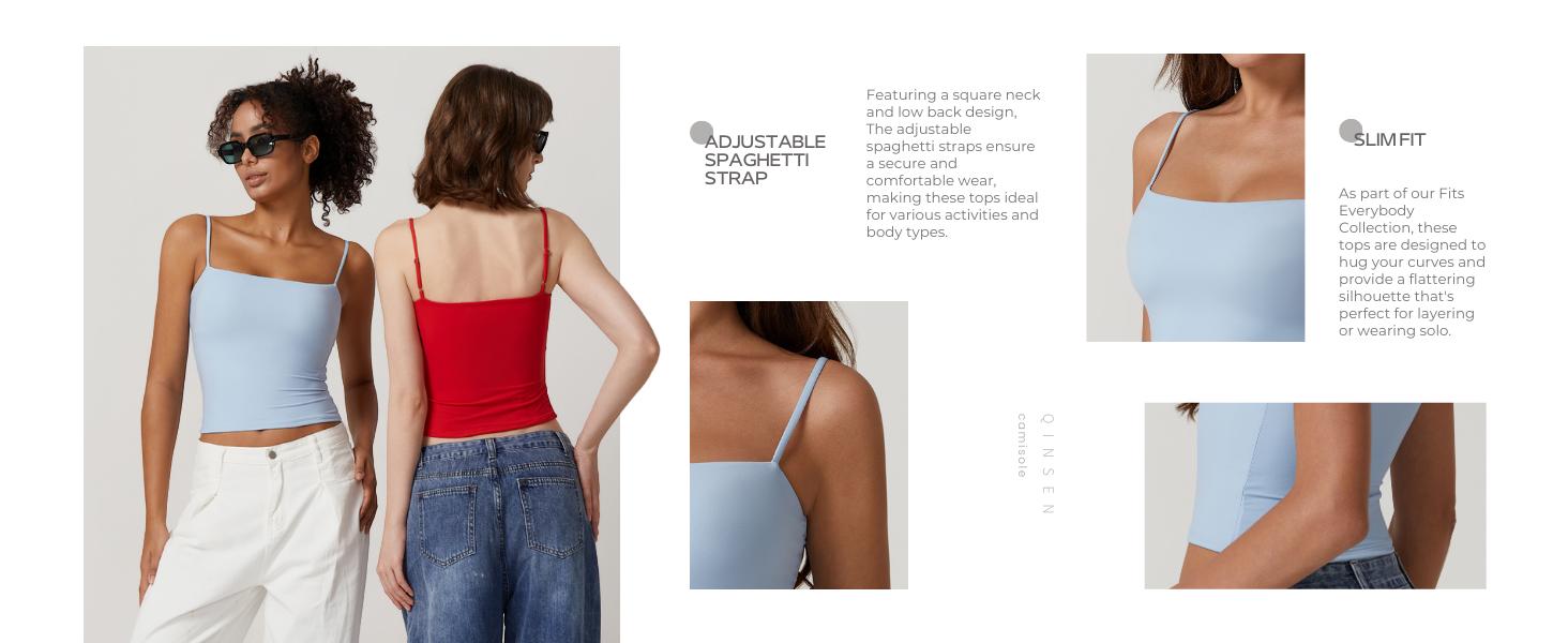 QINSEN Women's Double Lined Basic Tank Top Adjustable Spaghetti Straps Sleeveless Camisole Shirts QINSEN Women's Double Lined Basic Tank Top Adjustable Spaghetti Straps Sleeveless Camisole Shirts