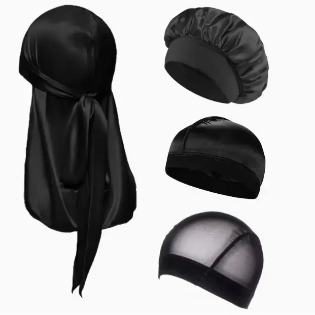 4-Pack Satin Durag And Bonnet Set for Men Women, -Like Cap Wave Cap Mesh Dome Cap Hair Wrap Kit, Soft Smooth Anti-Frizz Hair Protection Headwear, Breathable Stretch Head Cover for Curly Hair Braids Waves Sleeping