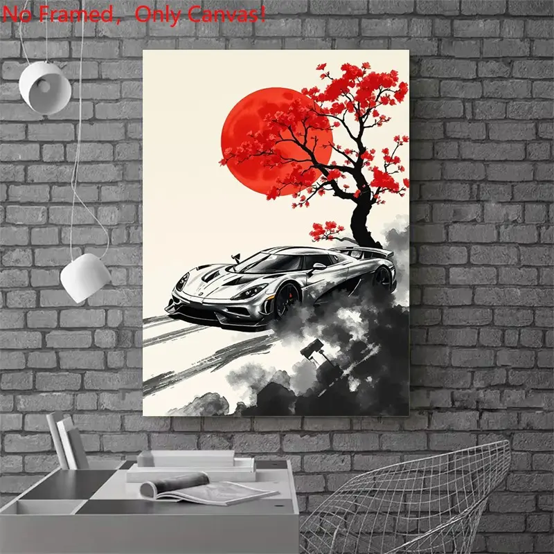 1 Piece/Set frameless canvas painting print poster,Luxury sports car art，Koenigsegg Jesko with Cherry Blossom，a perfect gift for cars loves, ideal gift for bedroom, living room, dorm hallway, kitchen, mural, wall decoration, room decor