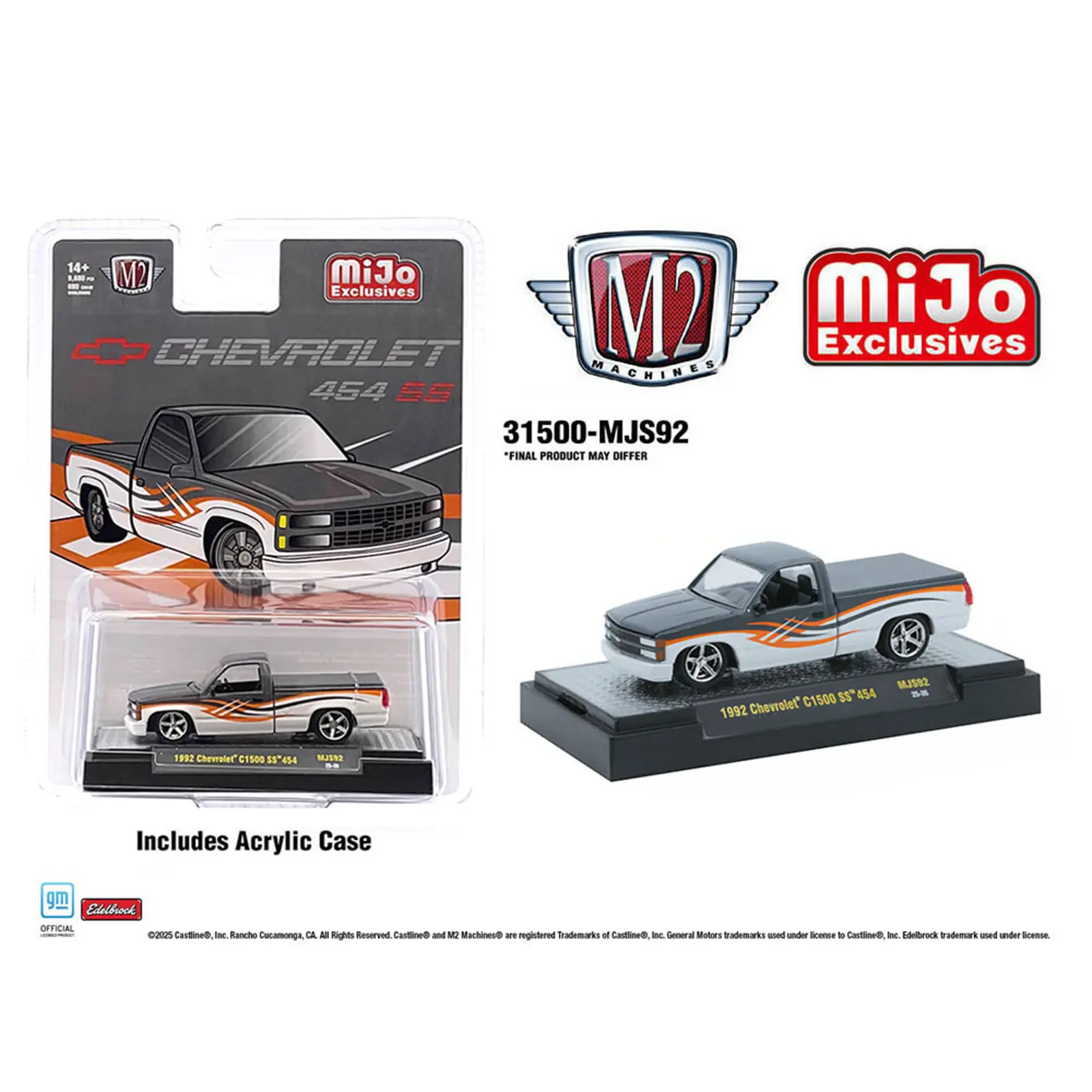 M2 1992 Chevrolet C1500 SS 454, Two-Tone White with Grey, 1:64 Scale, Diecast Model Car