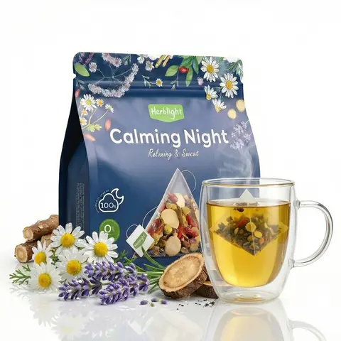 Herblight Natural Herbal Tea Sleep Support & Stress Relief| Ashwagandha, Valerian Root, Chamomile, Lavender & Licoricel- 2.8oz (80g) - No Flavors - Caffeine Free