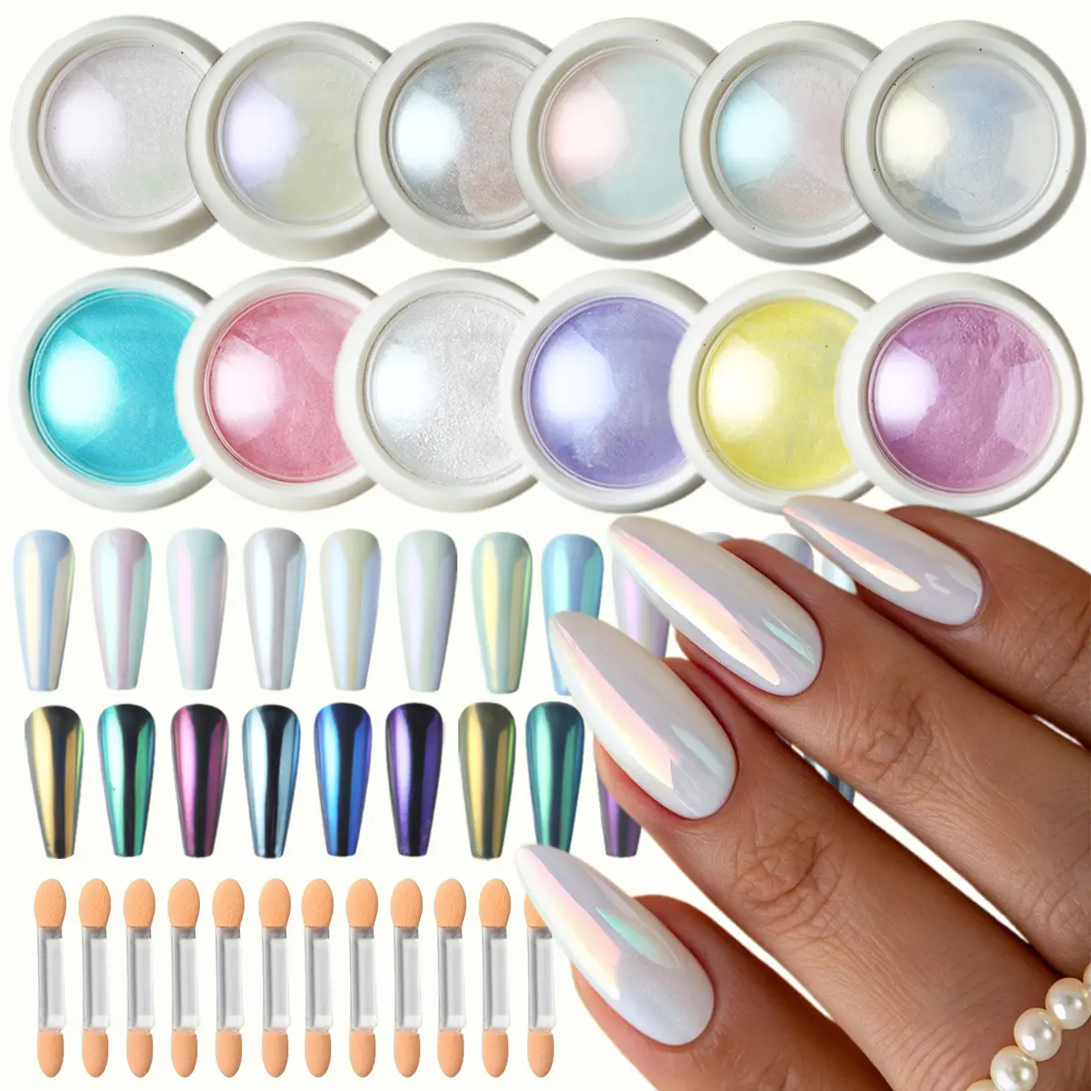 12 Pcs Aurora Chrome Nail Powder Kit, Mermaid Unicorn Pearl Iridescent Pigment, Multi-Chrome Mirror Effect for Gel Nails DIY Nail Art & Salon Manicure Decor