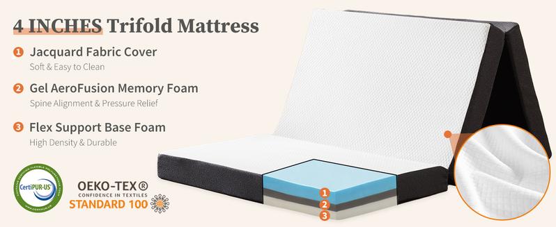 Sweet Furniture F Folding Mattress, Tri-fold Memory Foam Mattress Topper for Camping, Foldable Mattress Topper with Washable Cover, Various Sizes, White
