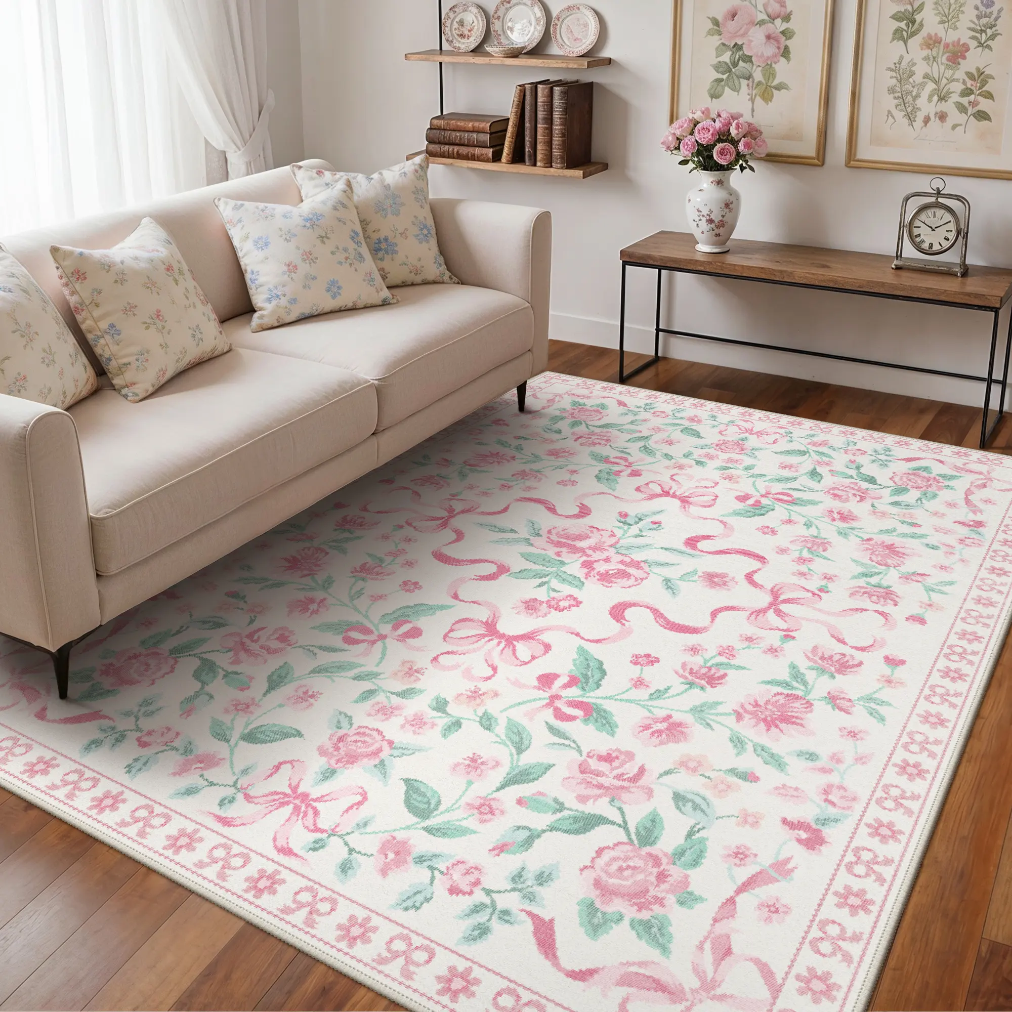【Back To School】GENIMO Area Rugs for Living Room，Soft Machine Washable Rug，Cute Floral Carpet with Non Slip Backing for Dining Room Girls Room Nursery Room and Kids Room or Playroom