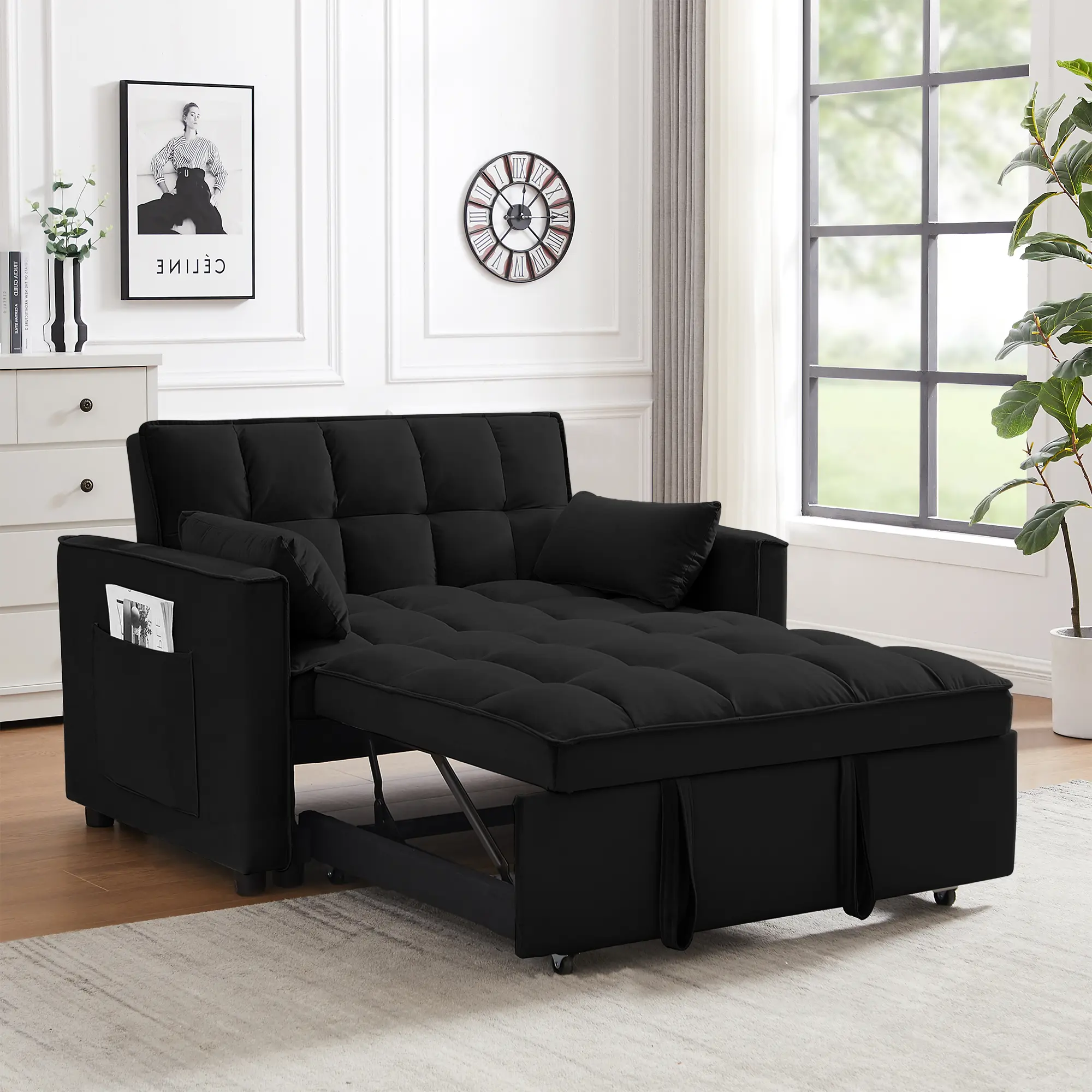 【SummerVibes】SZLIZCCC 55 in 3-in-1 Convertible Velvet Sleeper Sofa Bed - Space-Saving Living Room Furniture with Side Pocket, Adjustable Backrest, Pull-Out Couch, Loveseat Sectional Daybed