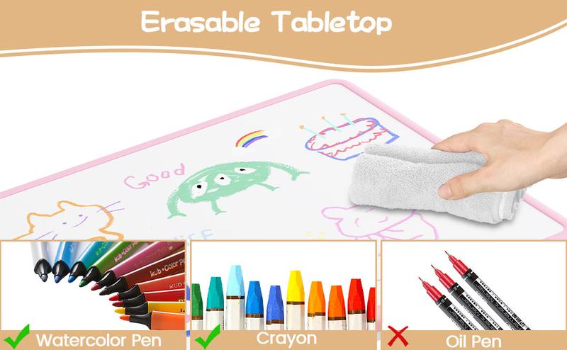 GARVEE Adjustable Height Toddler Table with 6 Chairs - Multi-Activity Set for Ages 2-10, Ideal for Home, Daycare, or Preschool, Available in Pink, Nature, and Grey Options.