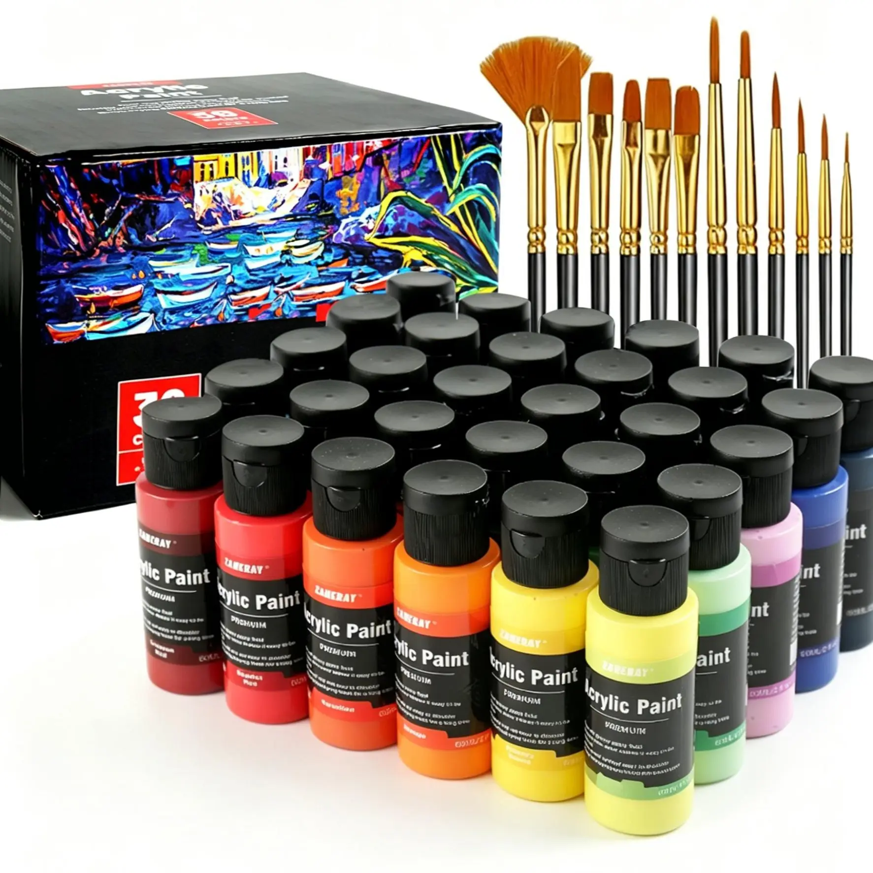 Unisex Classic 24-Color Rich Pigmented Acrylic Painting Kit - 2 oz/Bottle (24 Pack) with 12 Art Brushes, Vibrant and Lasting Colors for Canvas, Wood, Art for Kids, Crafting Fun, Creative Play