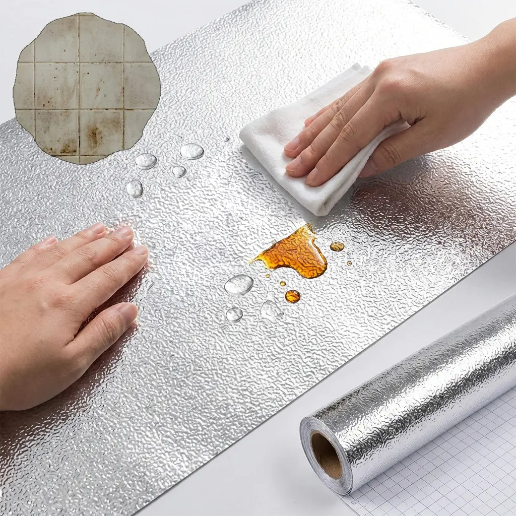 Self-Adhesive Orange Peel Aluminum Foil Kitchen Backsplash Sticker - Oil-Proof Surface, Heat-Resistant, Waterproof, Grid Line Design, Effortless to Clean, Easy to Measure, 0.4x5m/15.8x196.9inch for Kitchen Walls, Countertops