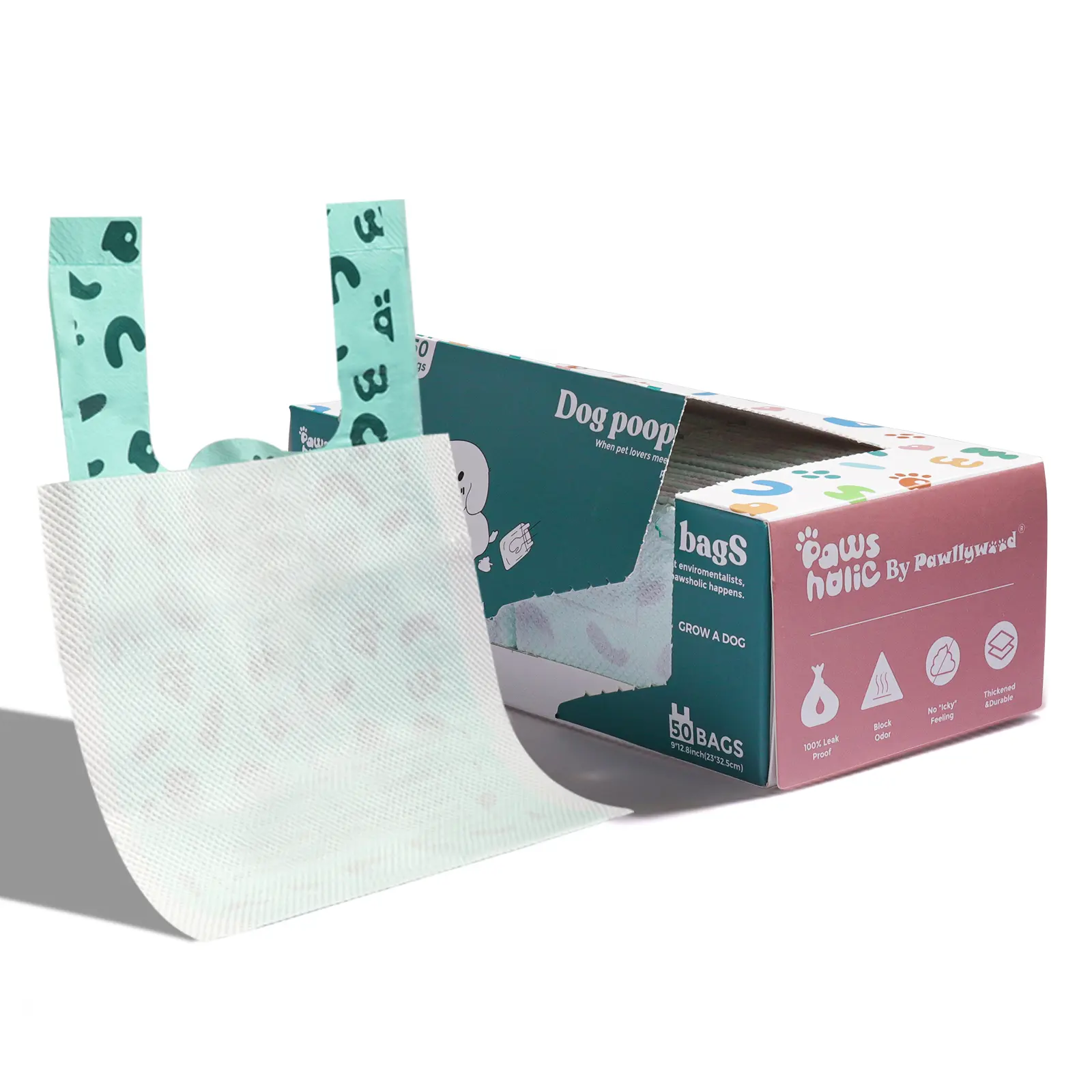 Kawiwi 2-Ply Dog Poop Bags with Paper Towels, Guaranteed Leak-Proof Pet Waste Pickup Bags with Unscented, Easy-Tie Handles for Walking, Camping, Travel, 50 Count