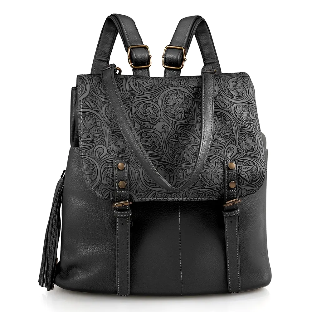 Western Tooled Leather Backpack for Women - Vintage Floral Embossed Purse with Fringe & Adjustable Straps