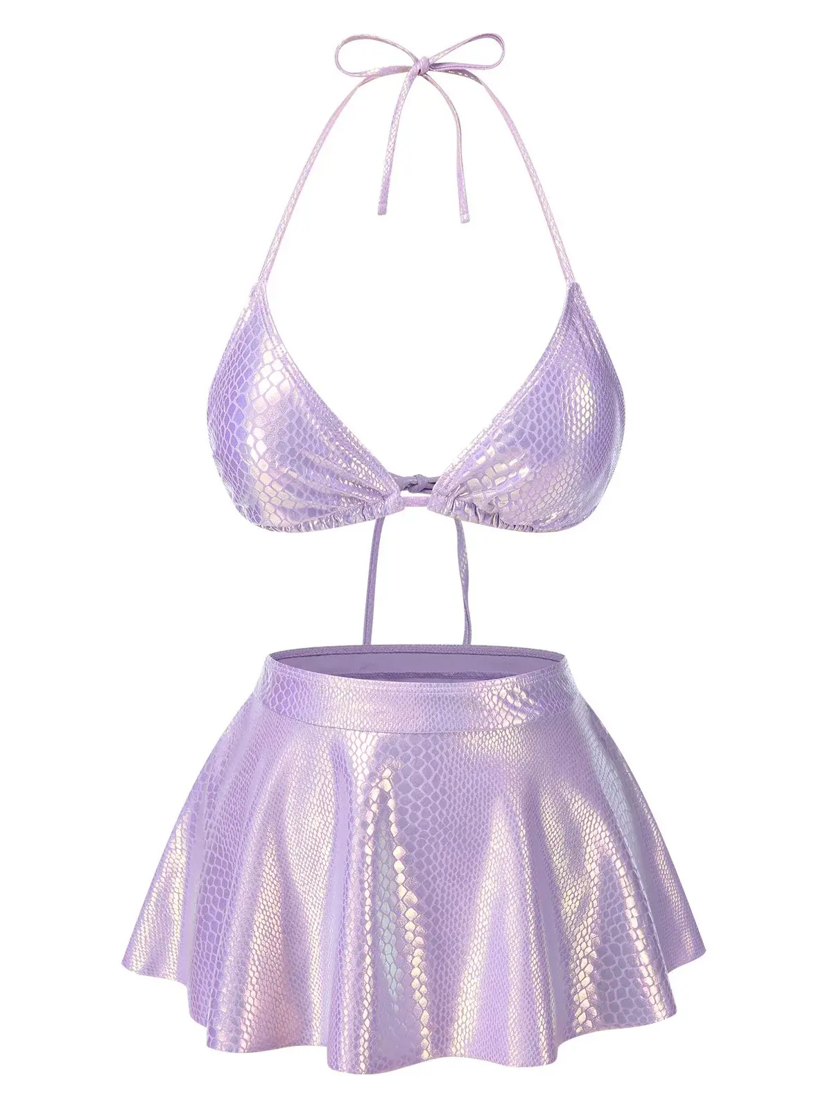 RETRO STAGE Women's 1970s Lavender Polyester Metallic Snake-Fish Scale Animal Print 2-Piece High-Rise Waist Bikini Set, Medium-Stretch Figure-Flattering Surfing Swimwear, Swimsuit for Women, Animal Print Bikini Sets