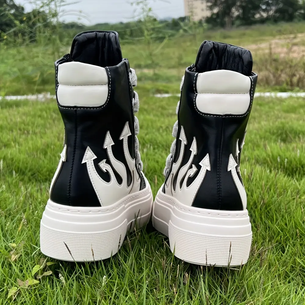 Unisex Vintage High-Top Streetwear Sneakers - Flame Embroidery, Lace-Up Fit, PU Upper, Lightweight Water-Resistant Platform Sole, Casual Footwear, Streetwear Shoes
