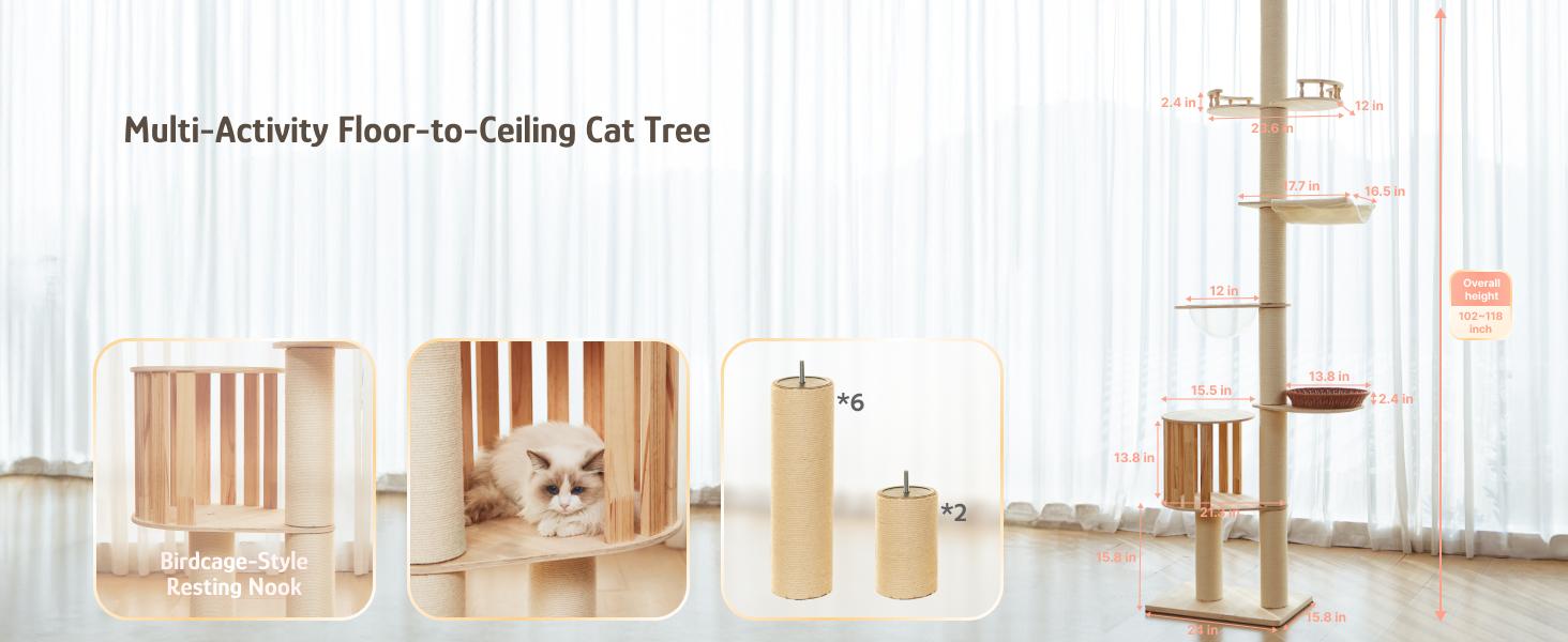 Adjustable Height Cat Tree Tower (102-118 inches ) 5-Tier Hemp Scratching Post Indoor/Outdoor Sturdy Cat Activity Center with Perches