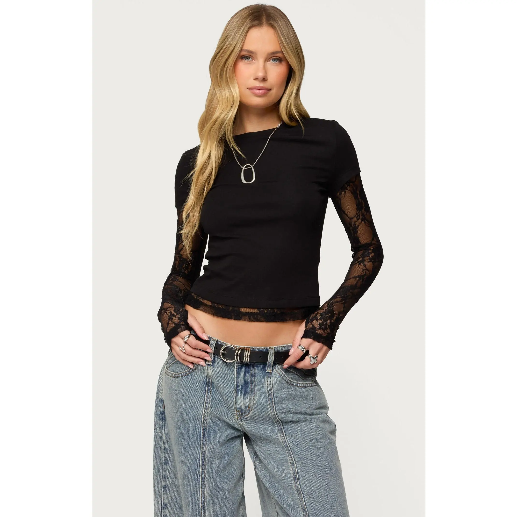 Edikted Women's Layered Lace Sleeve T-Shirt