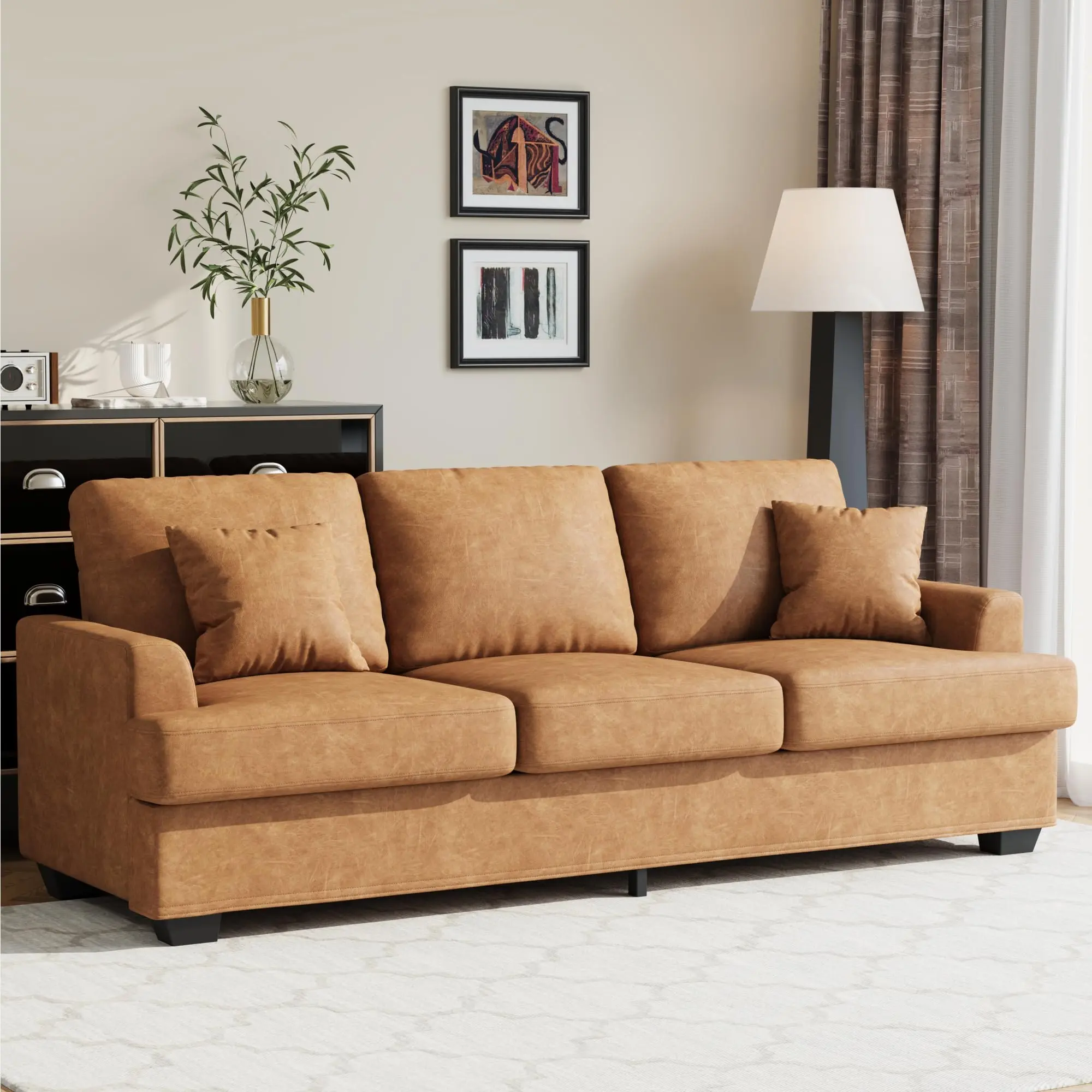 Garvee 86" Modern 3-Seater Sofa Collection with Deep Seats, Upholstered Cushions, Removable Covers in Faux Leather and Corduroy, Includes 2 Throw Pillows, Available in Multiple Colors for Small Spaces